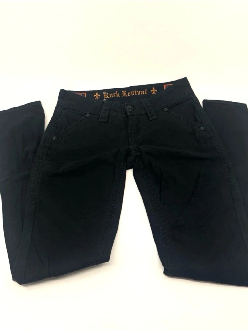 Rock Revival Black Paisley Print Size 24 Skinny Jeans Low Rise Sequin Pockets - Picture 4 of 9